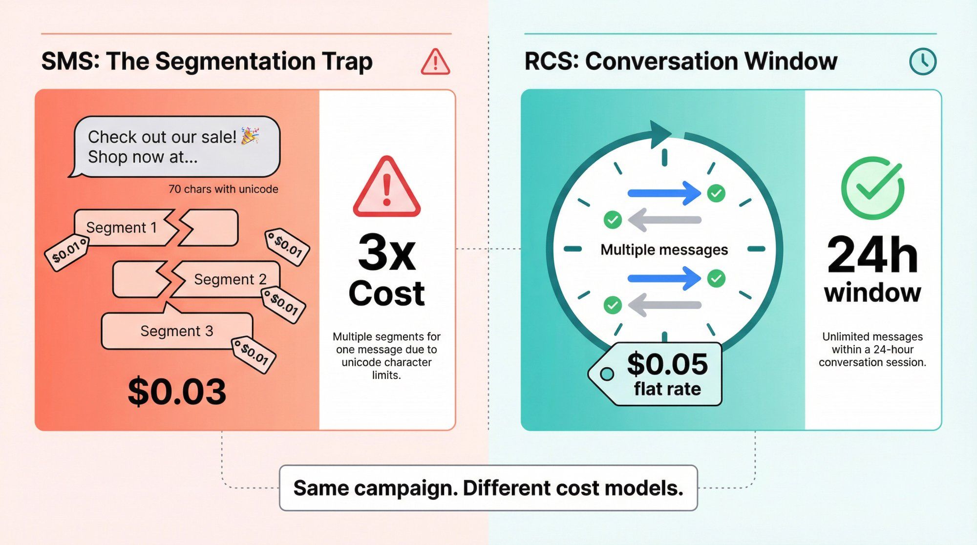 Split-screen cost breakdown showing SMS segmentation multiplier and RCS conversation window billing