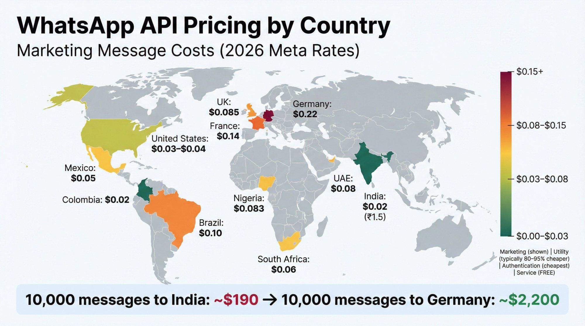 World map showing WhatsApp API pricing by country with color-coded regions for marketing message costs across 11 countries