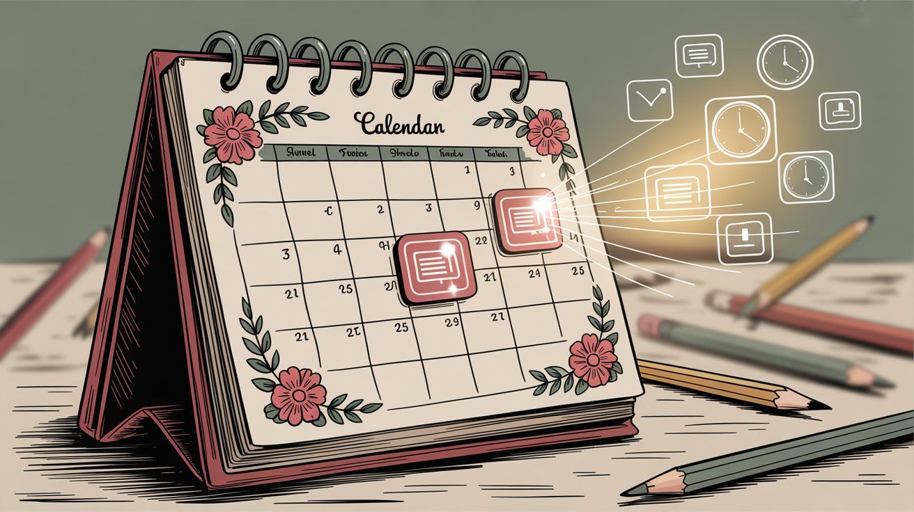 Hand-drawn illustration of a desk calendar with highlighted dates and notification icons, representing automated scheduling and reminders