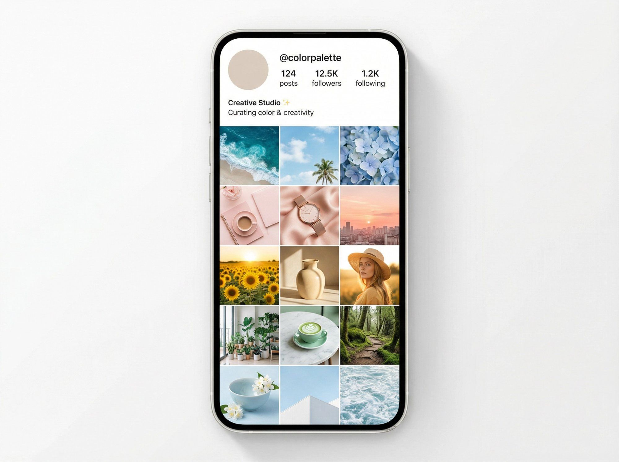 Instagram profile mockup showcasing a rainbow gradient feed transitioning from blue to pink to yellow tones across the grid