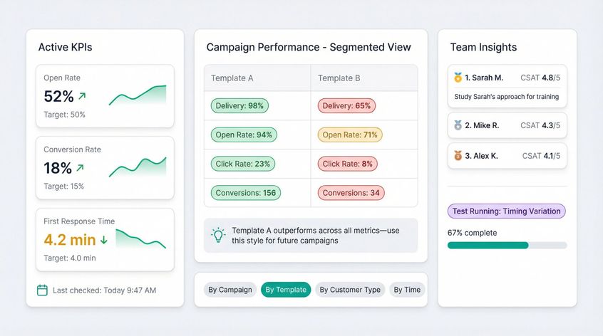 Modern WhatsApp analytics dashboard showing segmented metrics, KPI tracking, and A/B test results in action