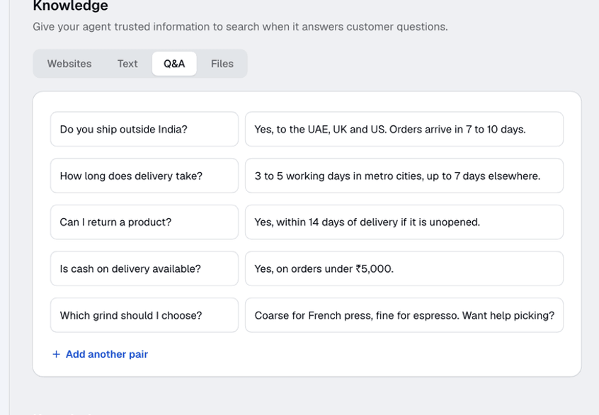 Five FAQs copied from a spreadsheet and pasted into an AI agent's Q&A editor, each pair in its own row