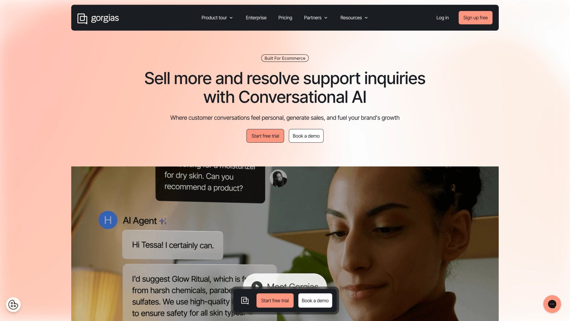 Gorgias homepage showcasing e-commerce customer support platform built for Shopify with order management and revenue tracking