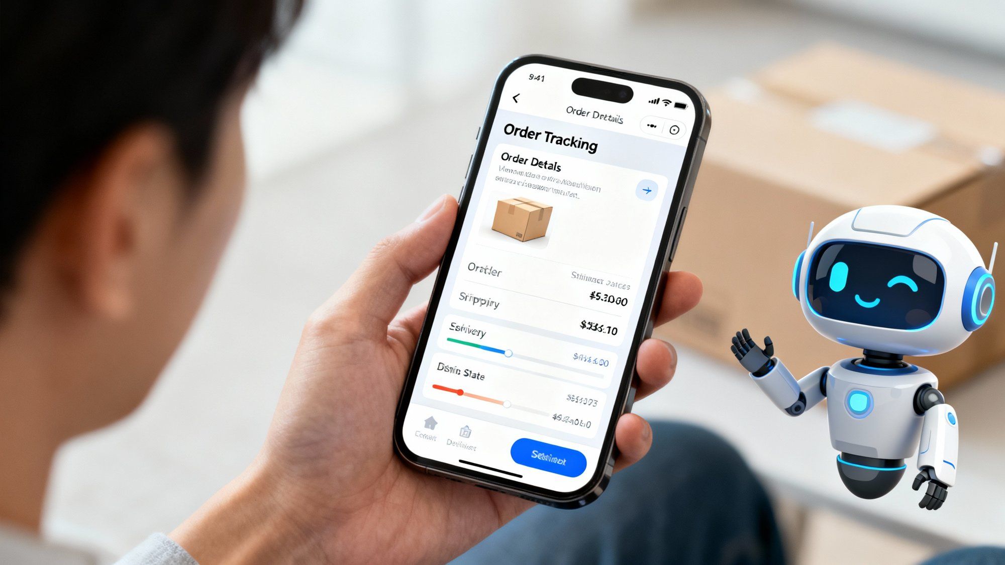 Customer using smartphone to track online order through e-commerce AI virtual shopping assistant chatbot interface