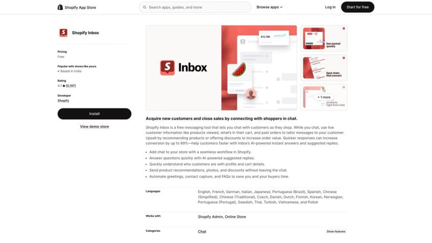 Shopify Inbox app listing on Shopify App Store showing free pricing, customer reviews, and built-in live chat features