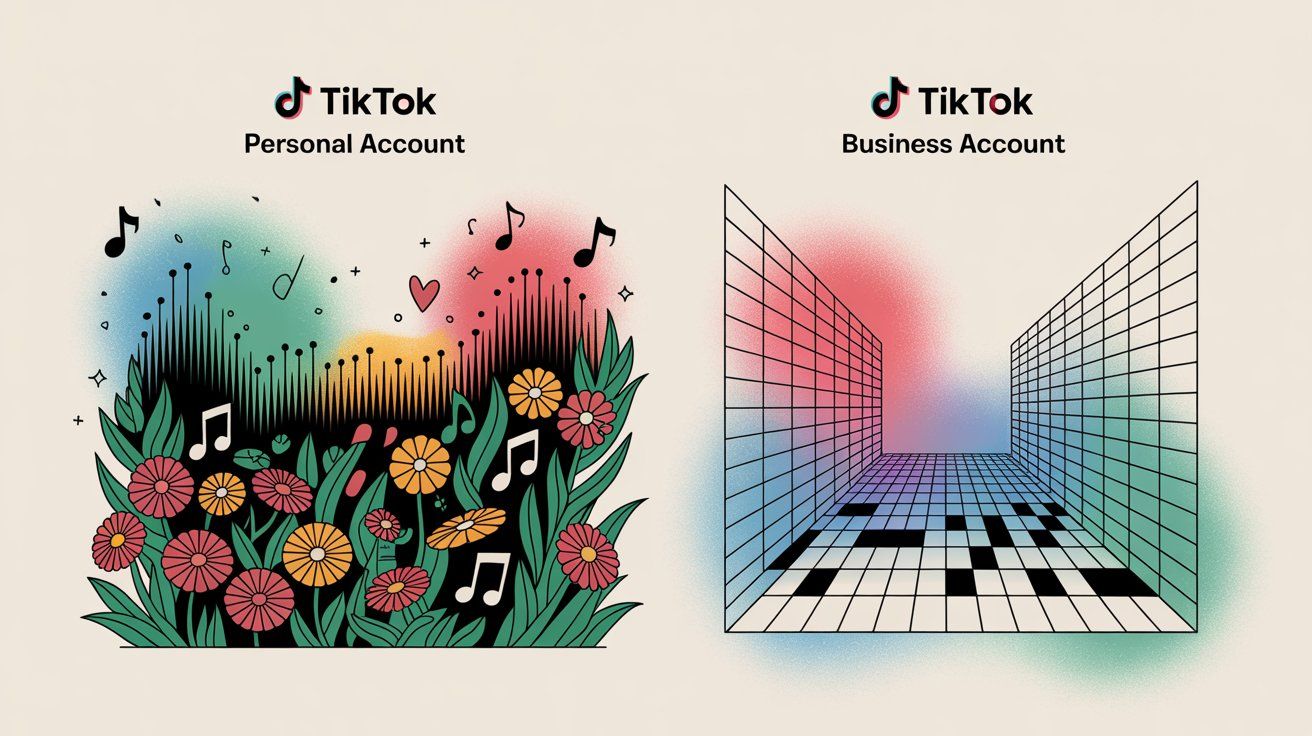Comparison showing music access and reach differences between TikTok personal and business accounts in 2025