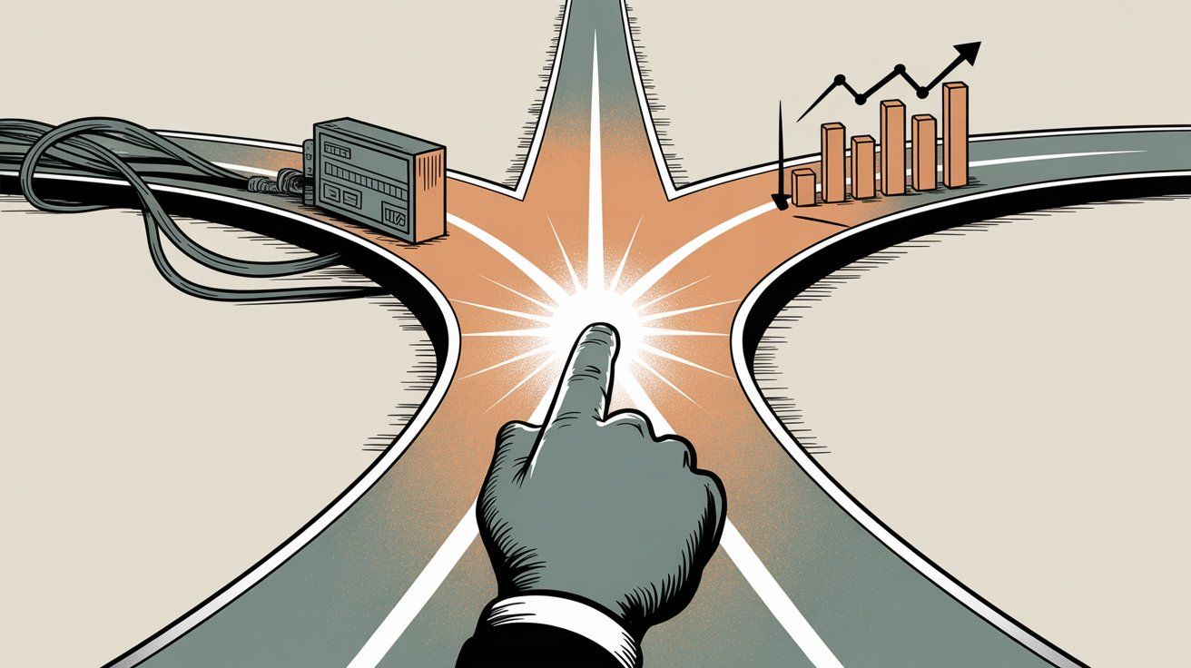Business decision crossroads illustration with confident hand pointing toward the right path among multiple software choice options