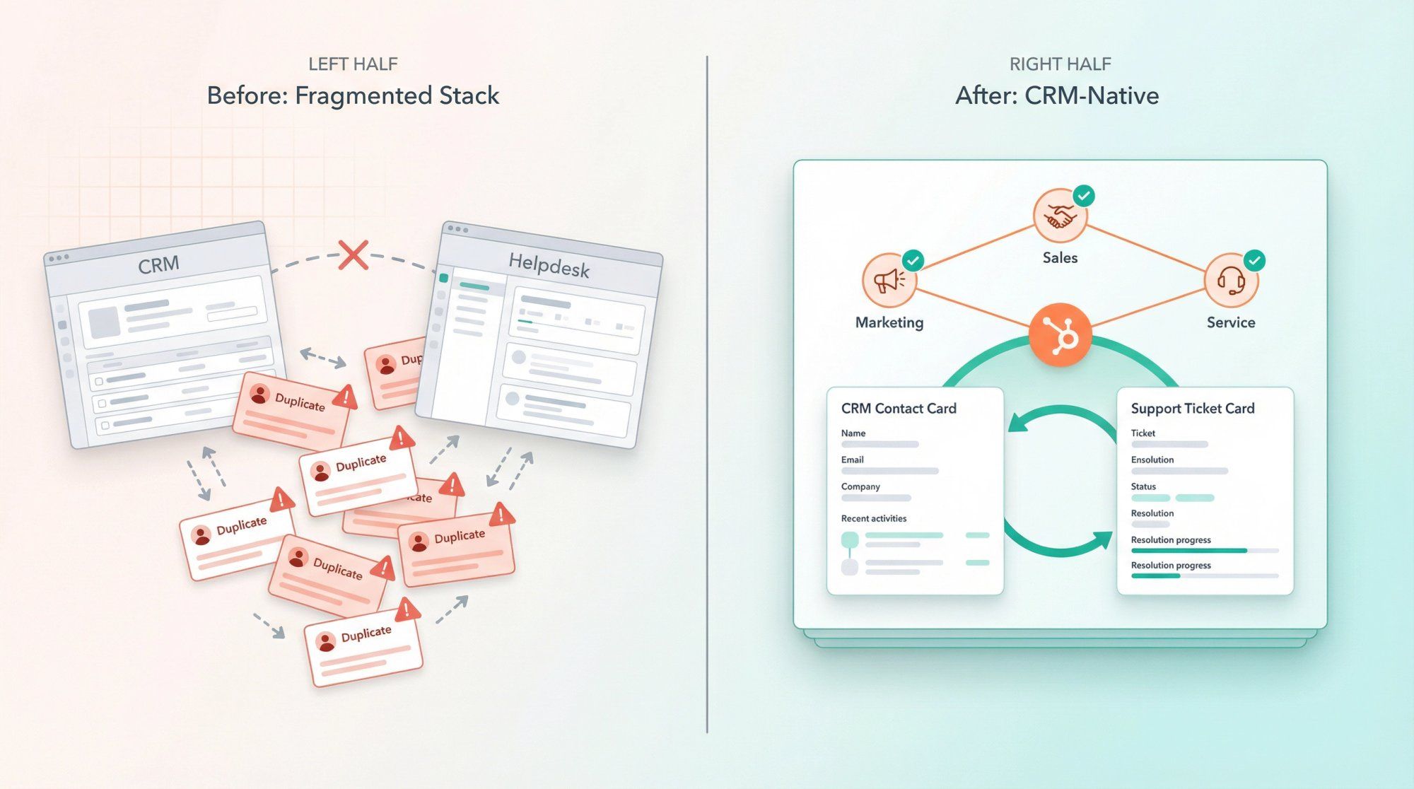 Split-panel illustration comparing fragmented CRM and helpdesk setup vs unified HubSpot CRM-native service hub