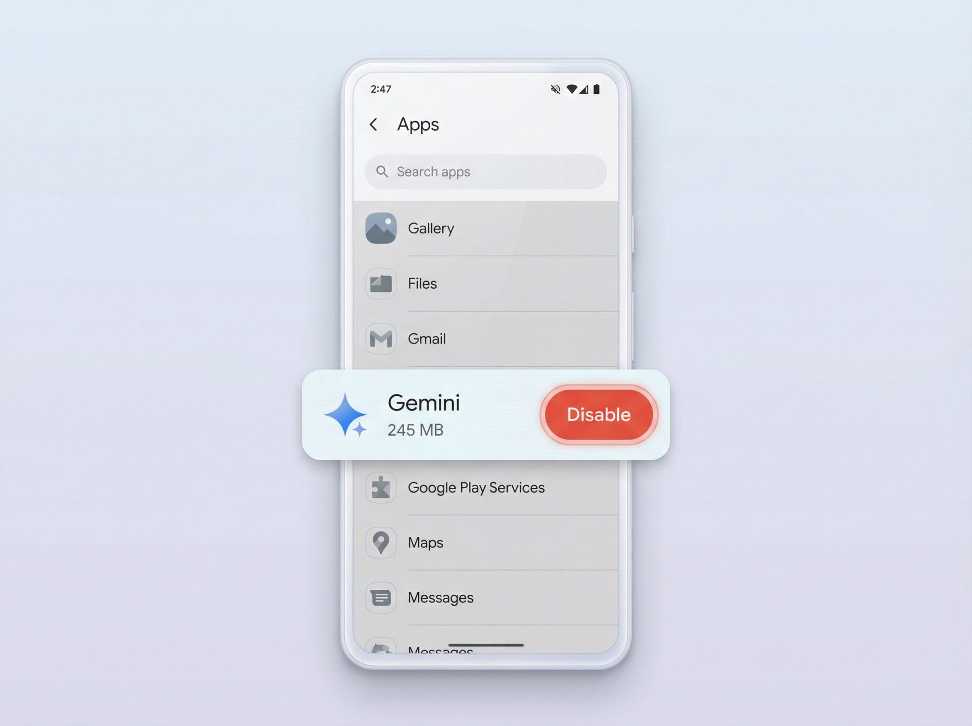 Android Settings screen showing Apps menu with Gemini app selected and Disable button highlighted