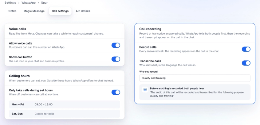 The Call settings tab with voice calls, calling hours and call recording switched on