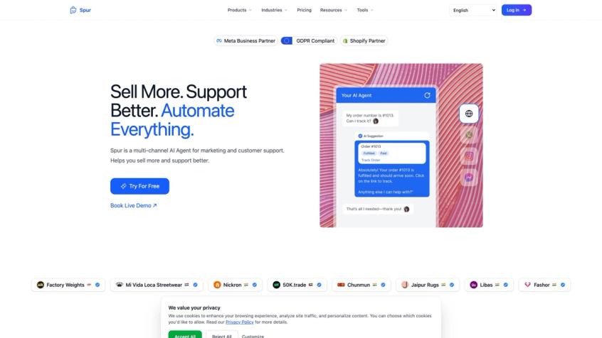 Spur homepage hero showing Sell More Support Better Automate Everything headline with AI agent UI, Meta Business Partner, GDPR Compliant, and Shopify Partner badges
