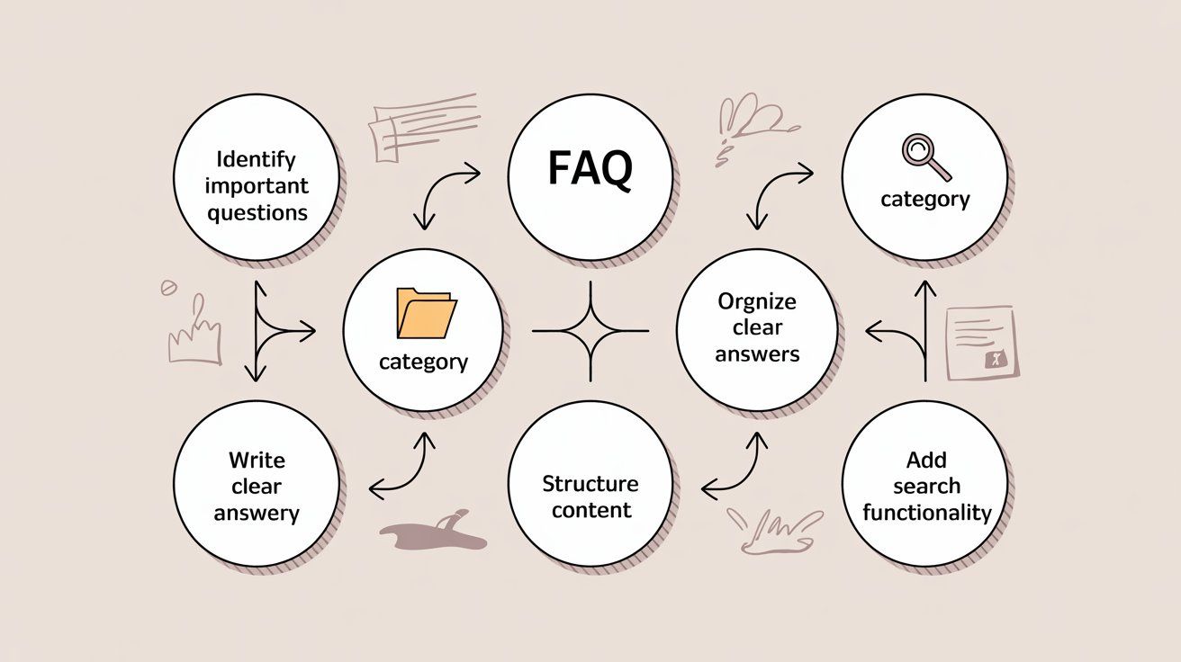 Step-by-step FAQ creation process showing workflow from identifying questions through organizing, writing answers, structuring content, and adding search functionality