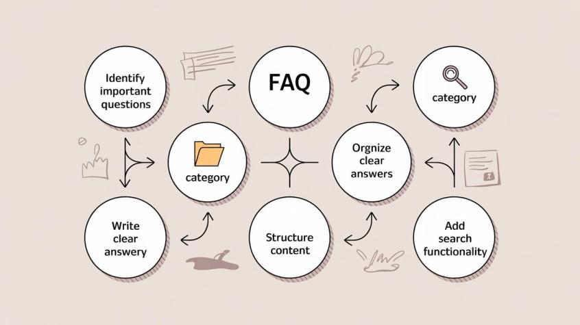 Step-by-step FAQ creation process showing workflow from identifying questions through organizing, writing answers, structuring content, and adding search functionality