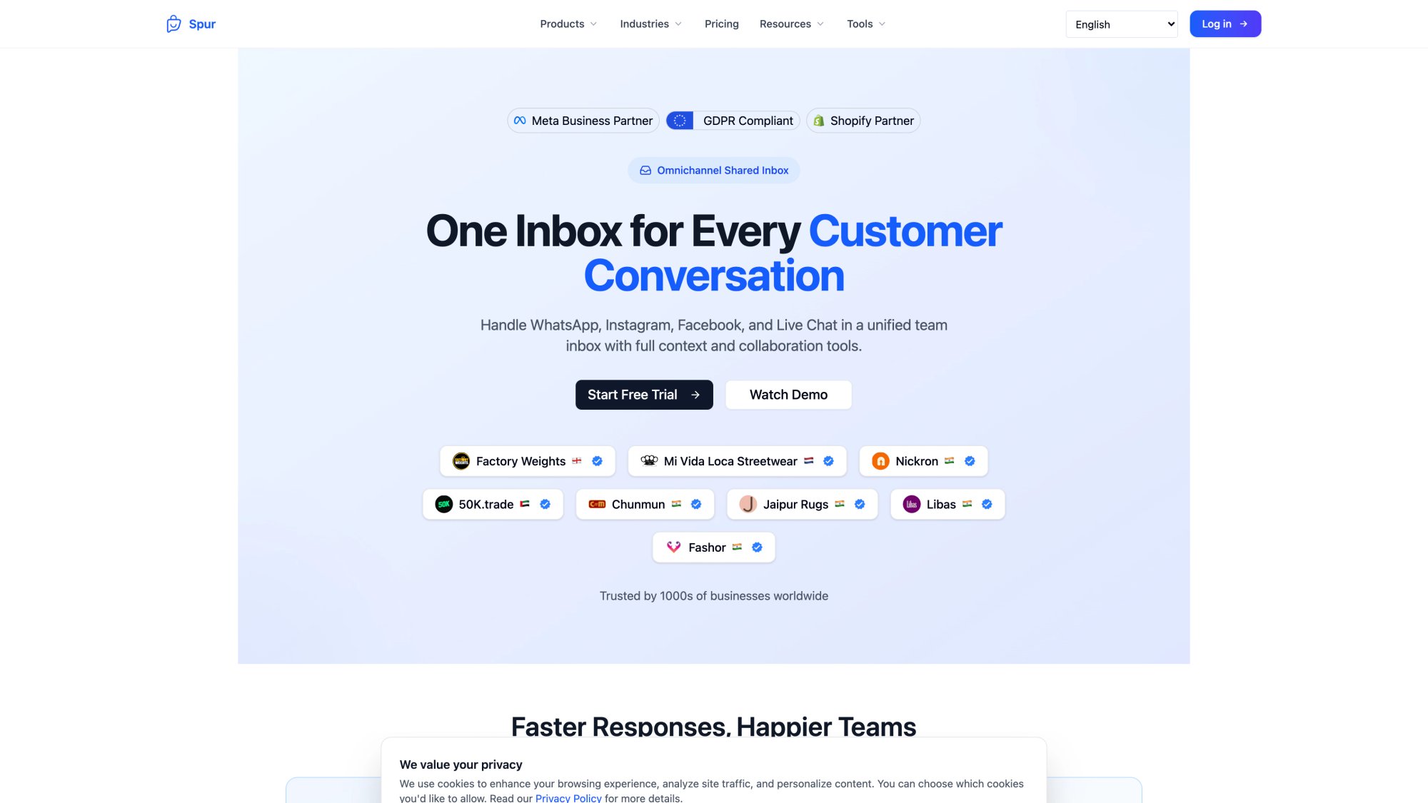 Spur shared inbox product page showing "One Inbox for Every Customer Conversation" with WhatsApp, Instagram, Facebook, and Live Chat unified, plus customer logos including Factory Weights, Mi Vida Loca, and Libas