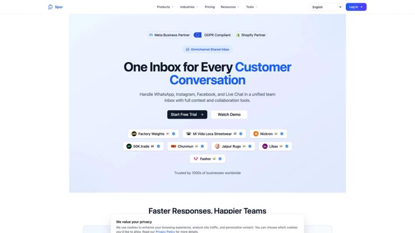 Spur shared inbox product page showing "One Inbox for Every Customer Conversation" with WhatsApp, Instagram, Facebook, and Live Chat unified, plus customer logos including Factory Weights, Mi Vida Loca, and Libas