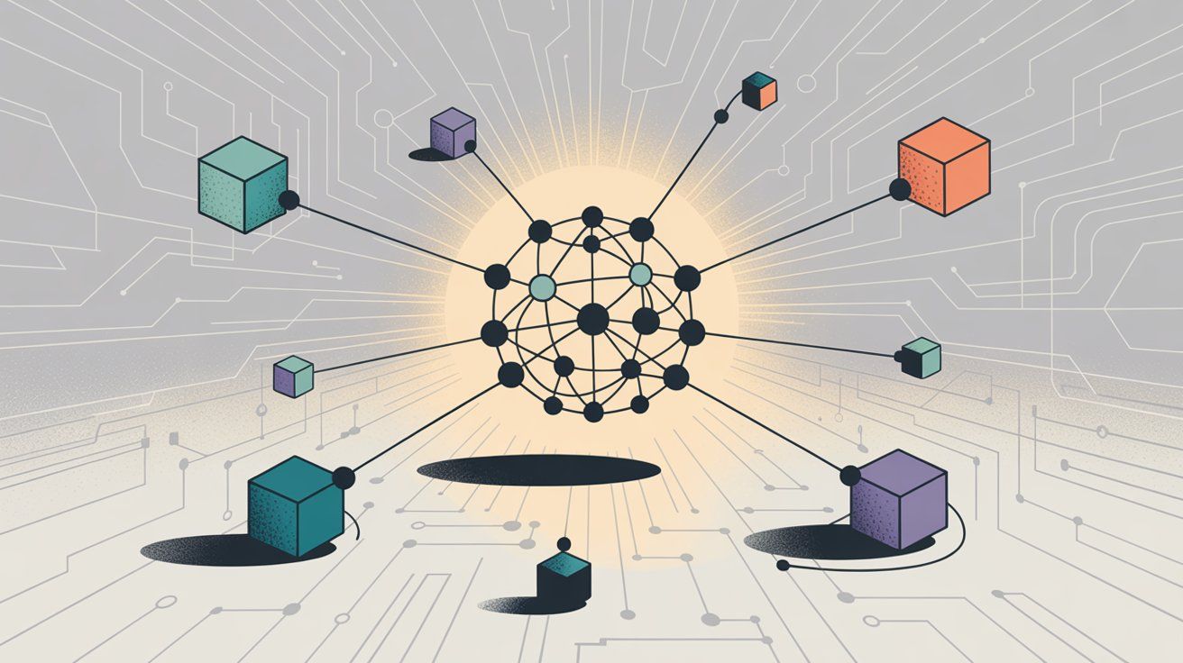 Abstract visualization showing a technology network with a central neural node connected to colorful framework blocks, representing the interconnected ecosystem of chatbot development frameworks and the variety of options available