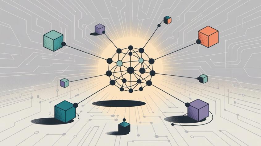 Abstract visualization showing a technology network with a central neural node connected to colorful framework blocks, representing the interconnected ecosystem of chatbot development frameworks and the variety of options available