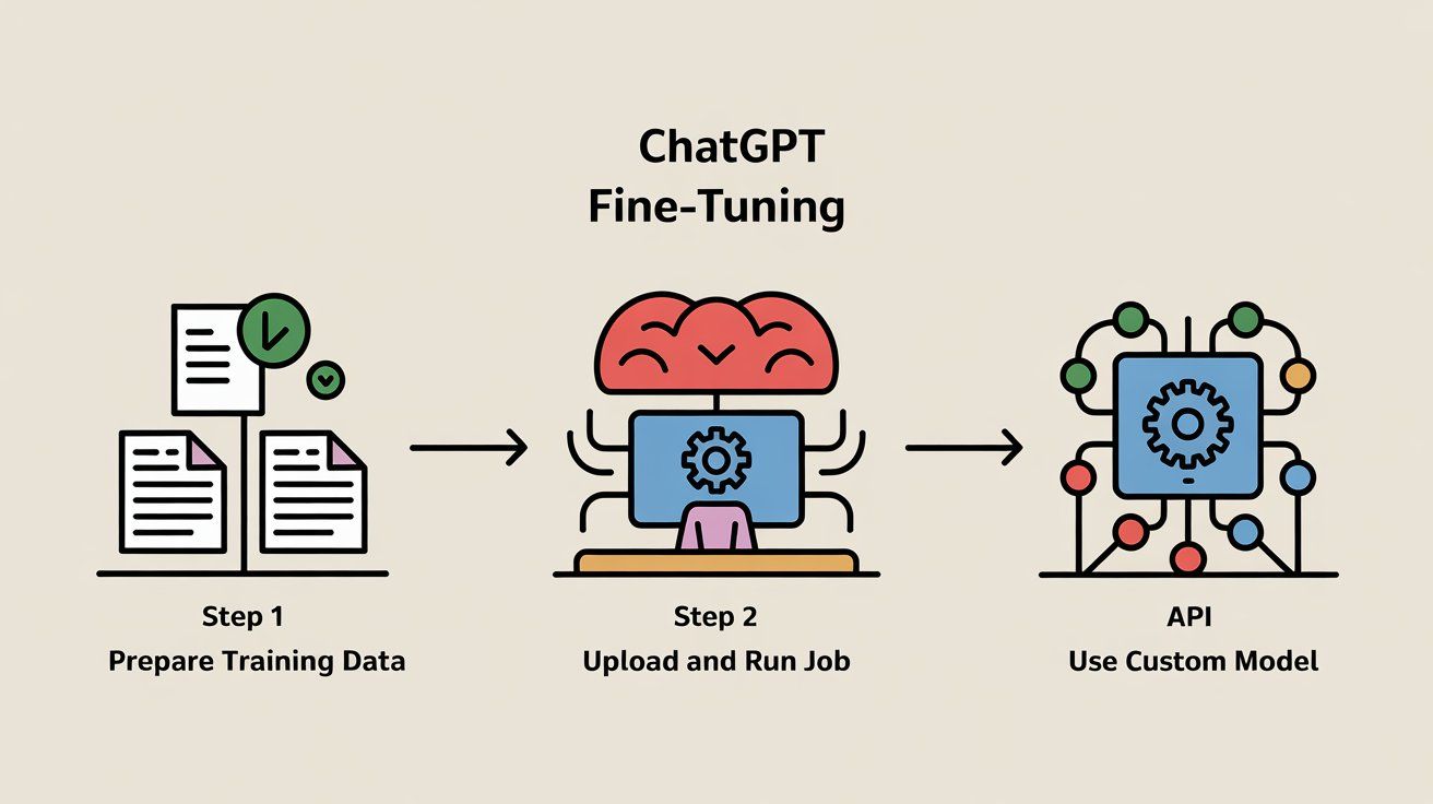 Professional workflow showing 3-step ChatGPT fine-tuning process: prepare training data, upload and run job, use custom model via API