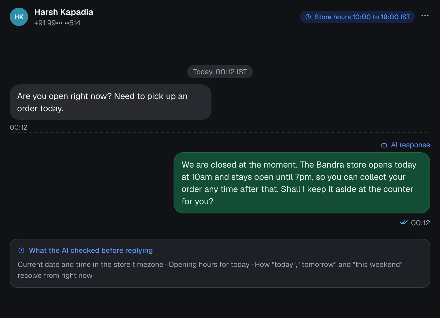 Spur conversation at midnight where the AI correctly says the store is closed and gives opening hours