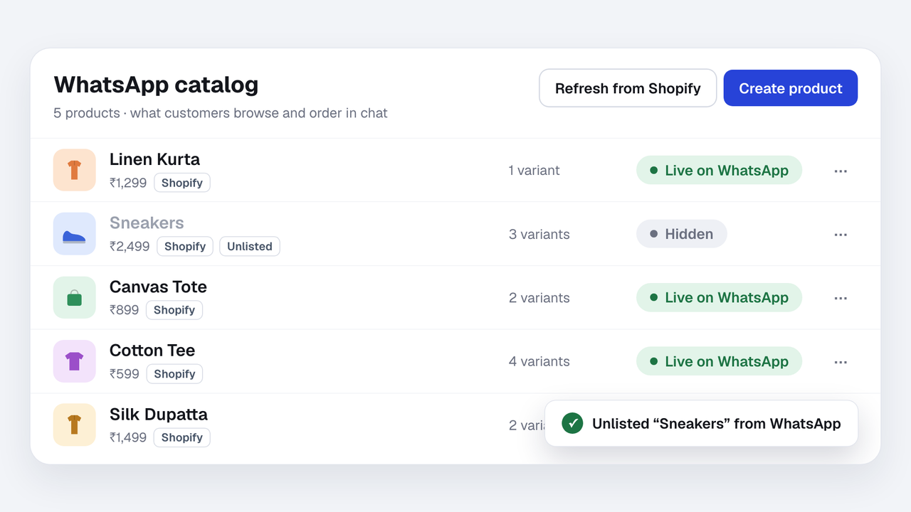 Choose which Shopify products show on WhatsApp
