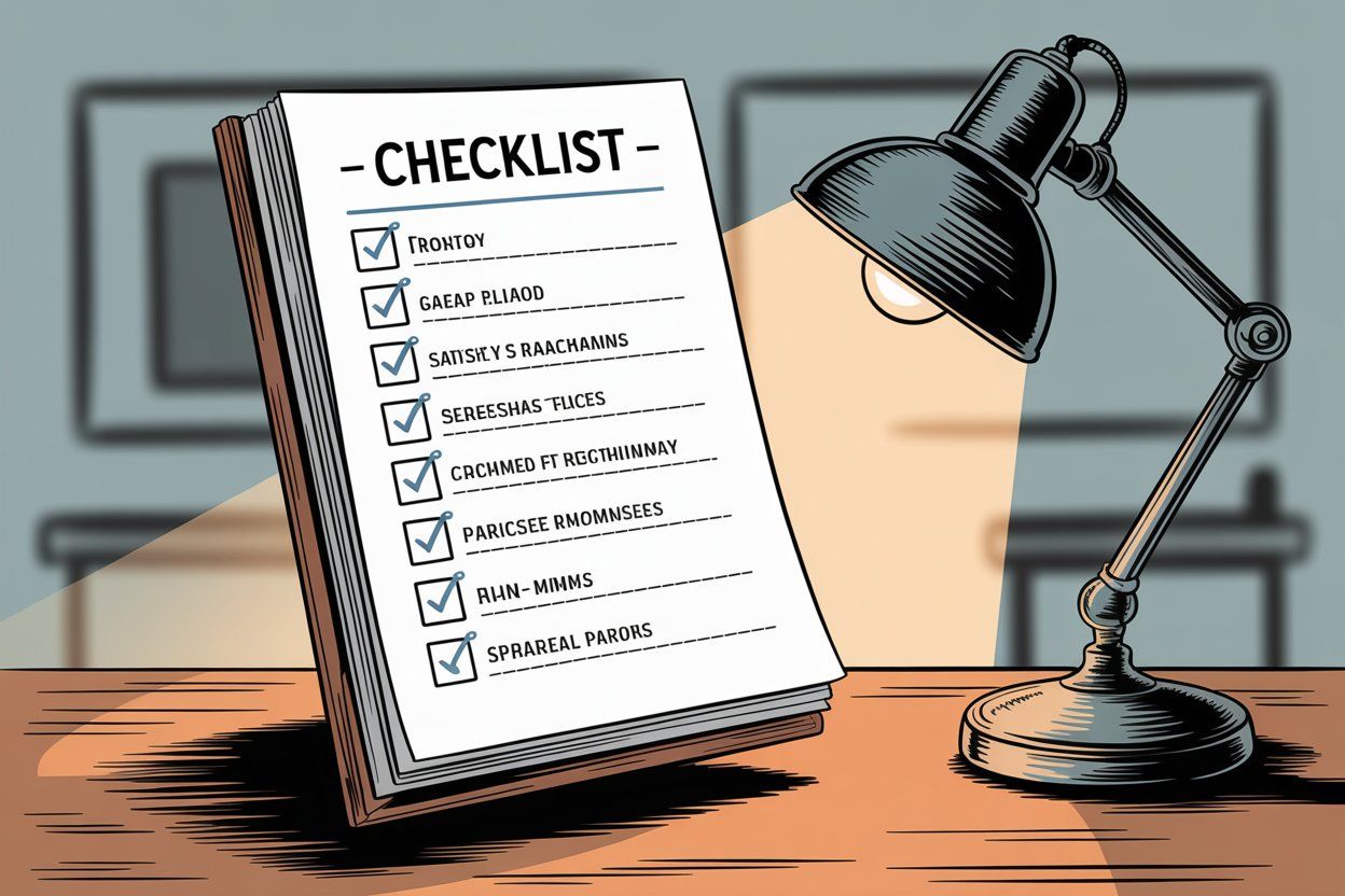 Hand-drawn illustration showing business best practices checklist with guidance points and professional workflow
