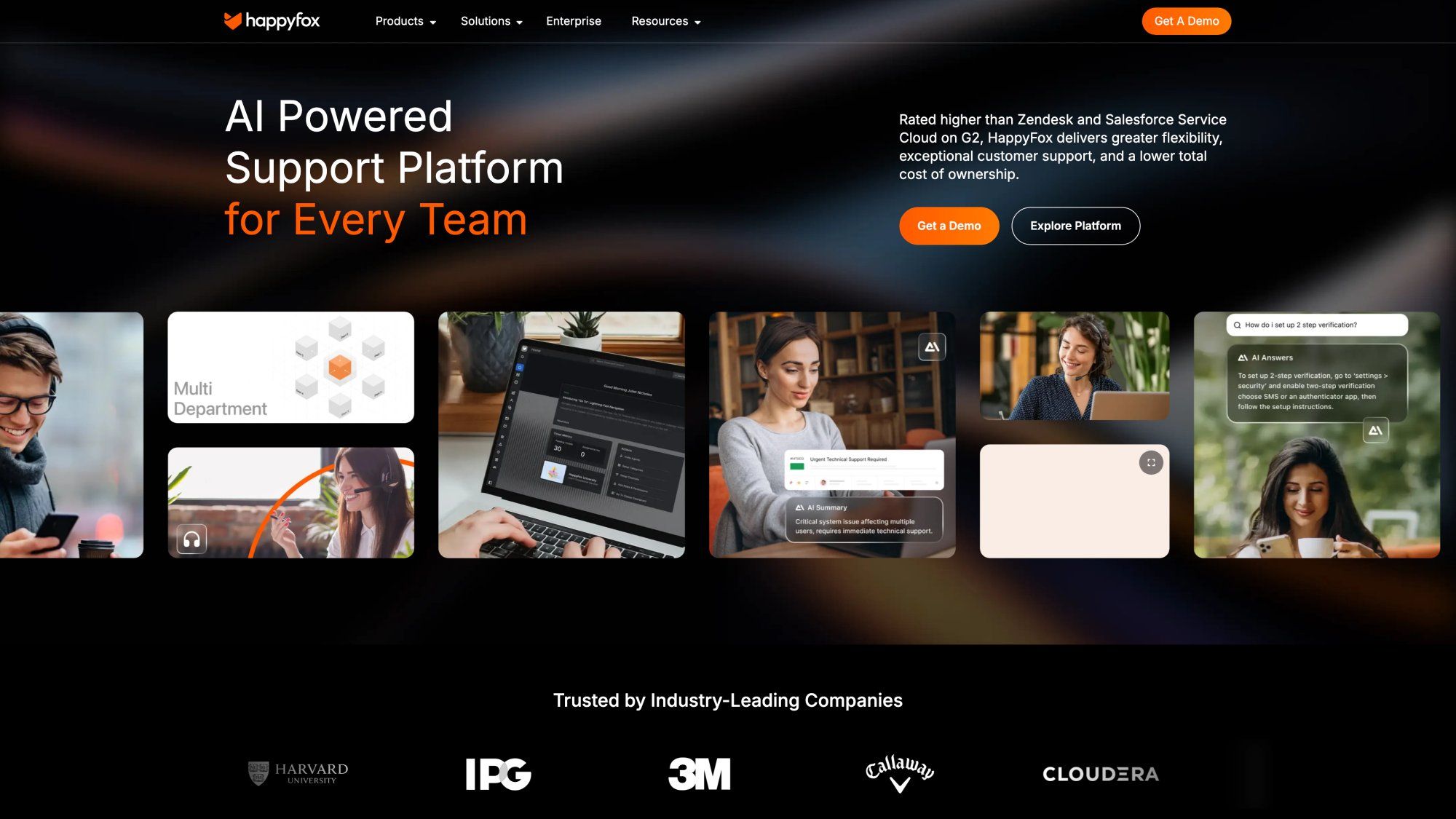 HappyFox all-in-one helpdesk platform homepage featuring unlimited ticket management and multi-channel support