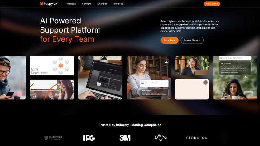 HappyFox all-in-one helpdesk platform homepage featuring unlimited ticket management and multi-channel support
