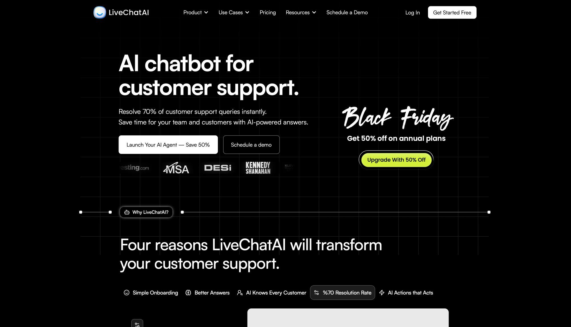 LiveChatAI homepage showcasing an AI chatbot for customer support, a Black Friday offer, and key features.