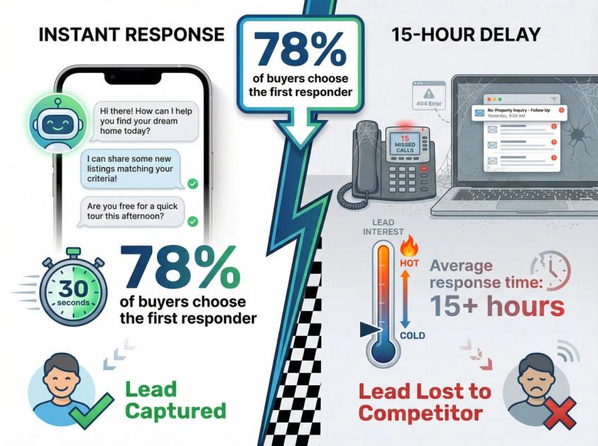 Split comparison showing AI chatbot instant response vs 15-hour manual follow-up delay with lead temperature declining