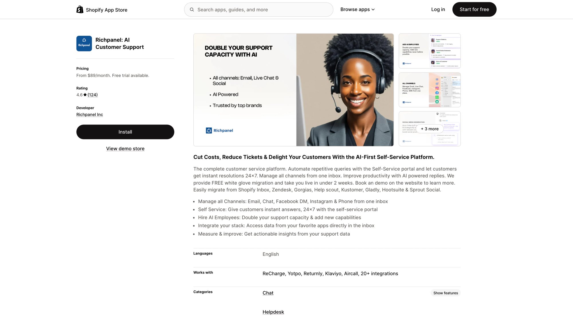 Richpanel customer support app on Shopify App Store featuring self-service portal and helpdesk automation
