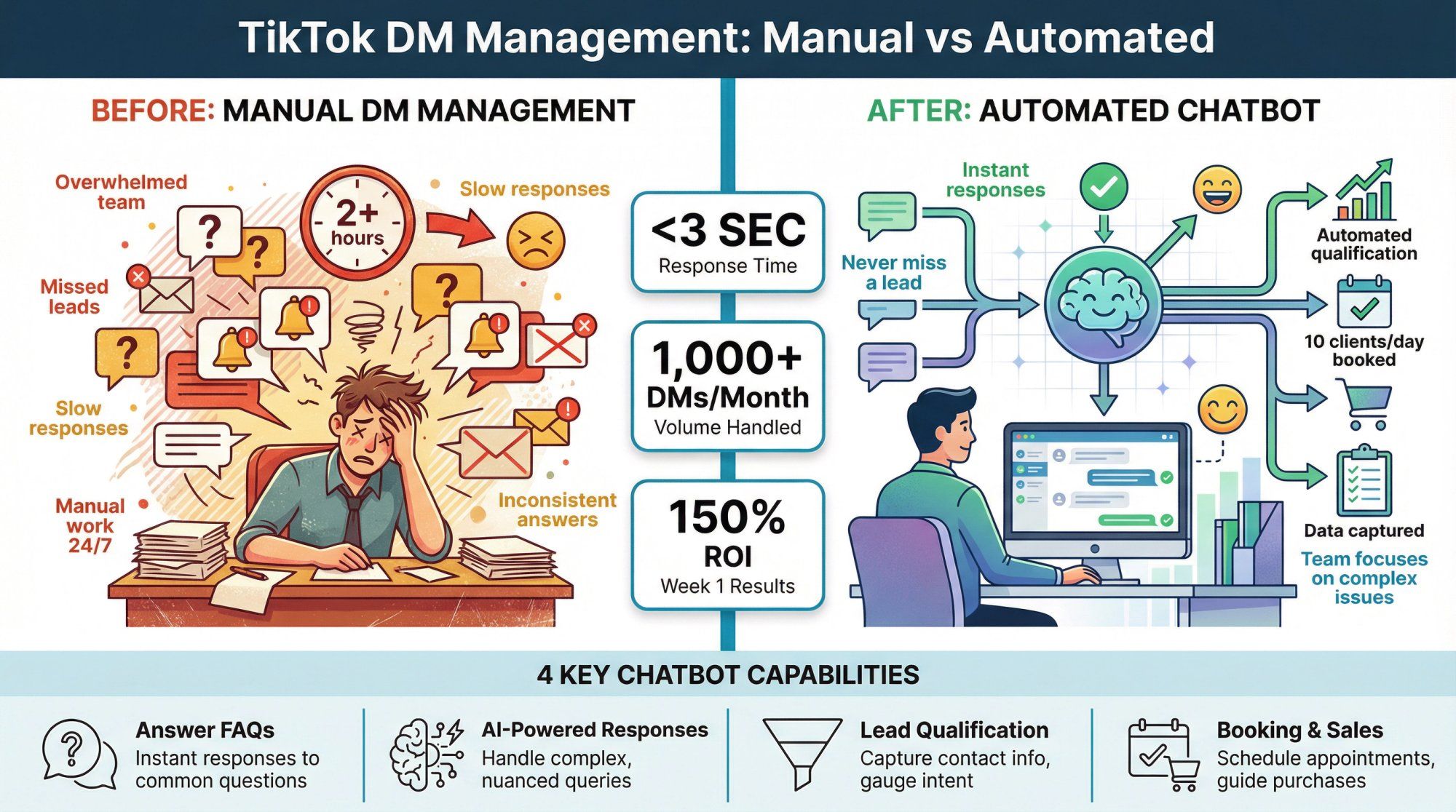 Split-screen comparison showing manual DM management chaos versus automated chatbot efficiency with ROI metrics