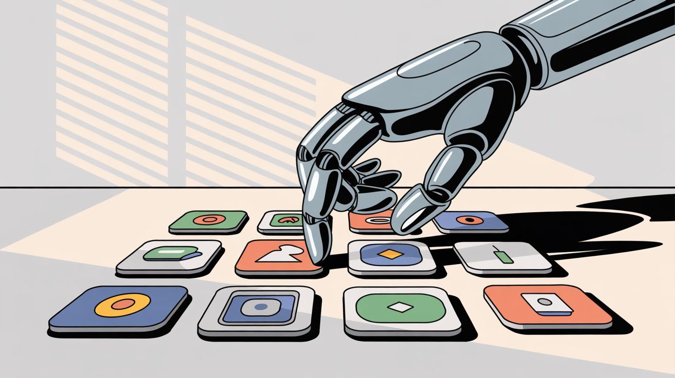 Tool selection and automation software comparison visualization in hand-drawn editorial style