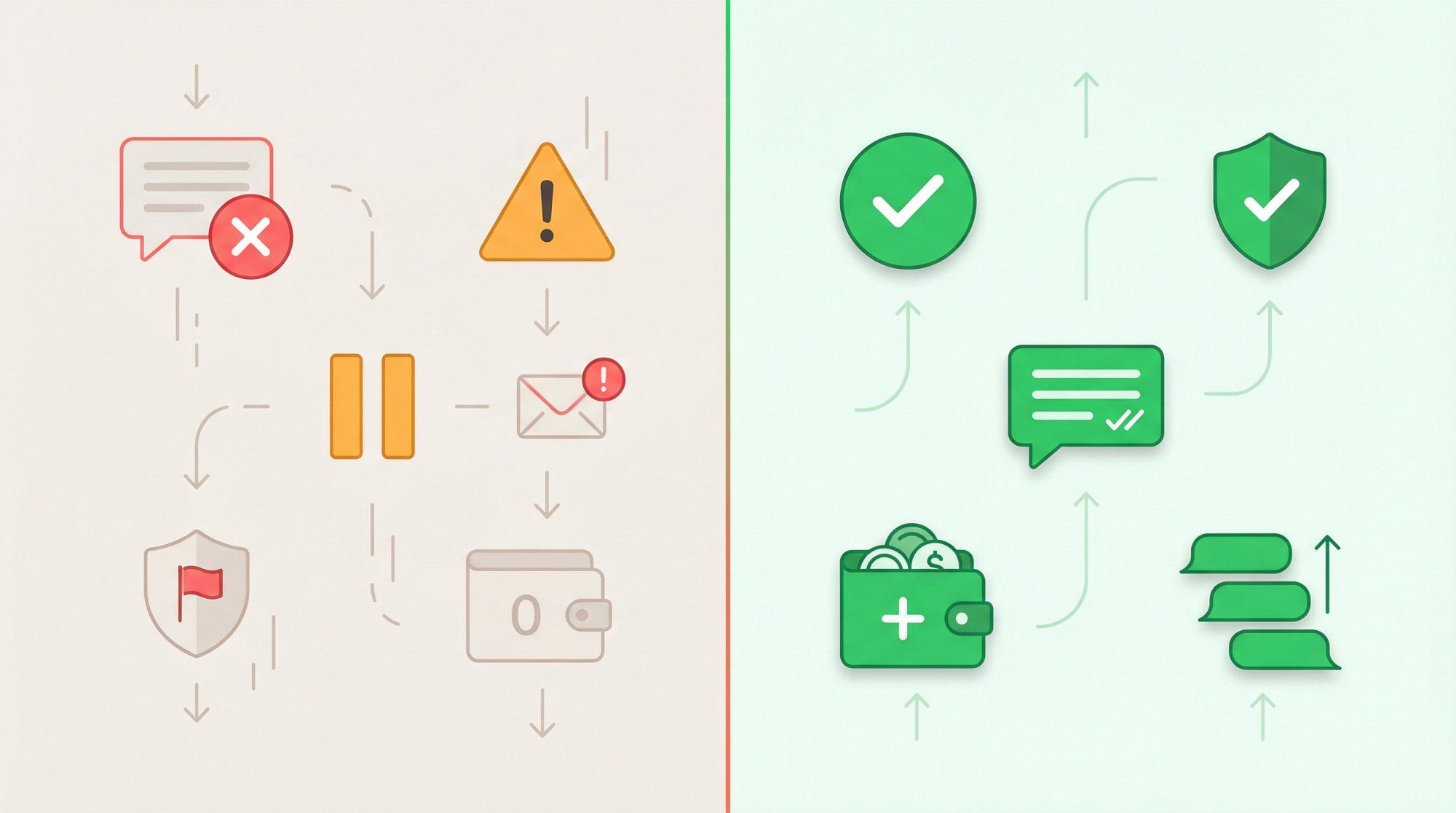 Split-panel illustration contrasting WhatsApp newsletter failure states on the left with resolved, healthy states on the right