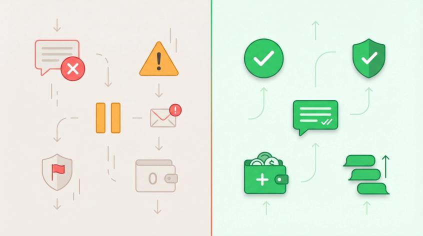 Split-panel illustration contrasting WhatsApp newsletter failure states on the left with resolved, healthy states on the right