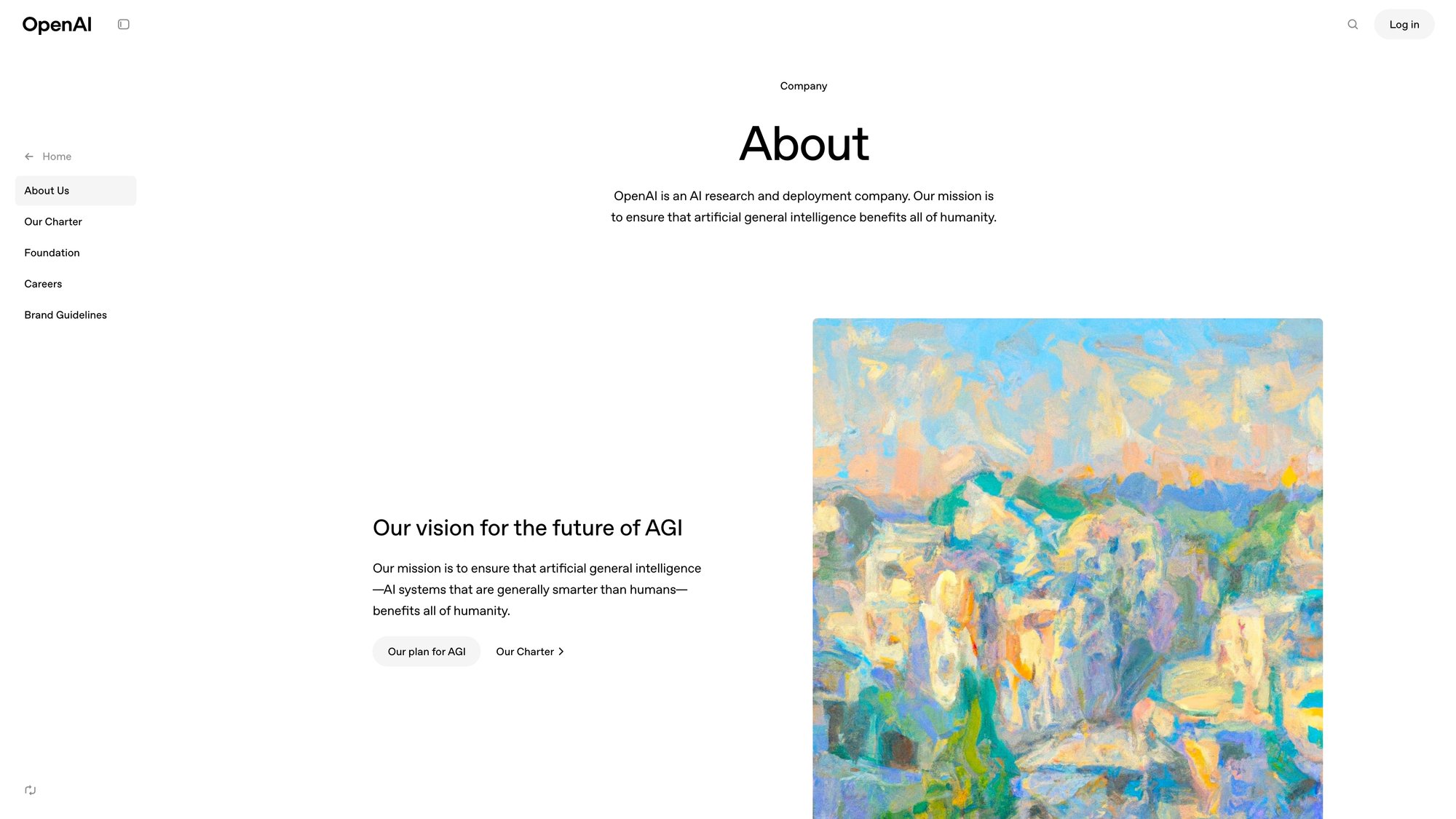 Screenshot of OpenAI's About page showing the company's mission and leadership team information