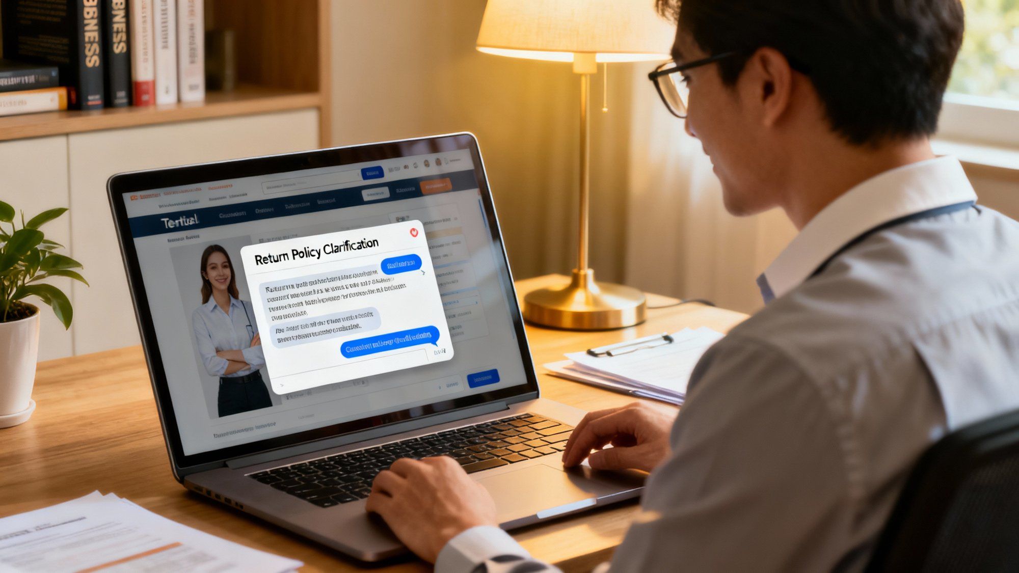 Professional customer using laptop to interact with retail website chatbot asking about return policy, getting instant accurate responses in modern home office setting