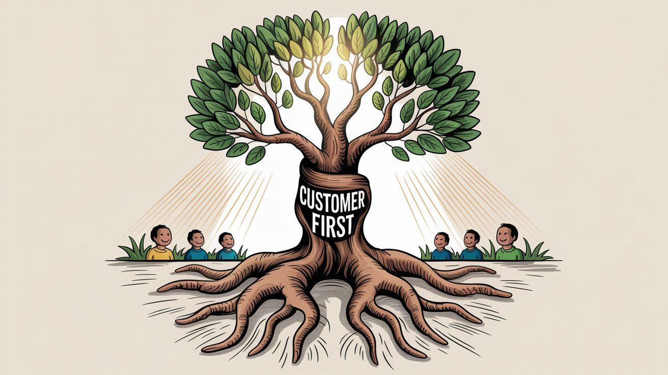 Customer-focused business success represented as a thriving tree with diverse stakeholders benefiting from customer-first principles