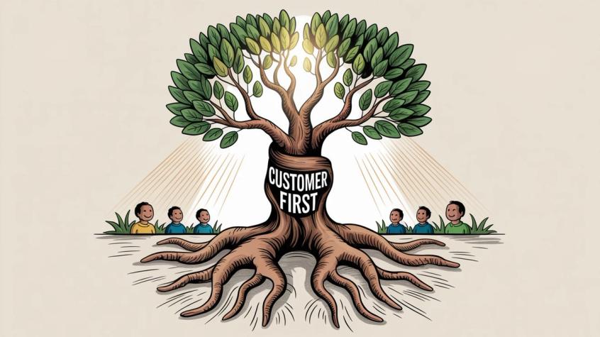 Customer-focused business success represented as a thriving tree with diverse stakeholders benefiting from customer-first principles