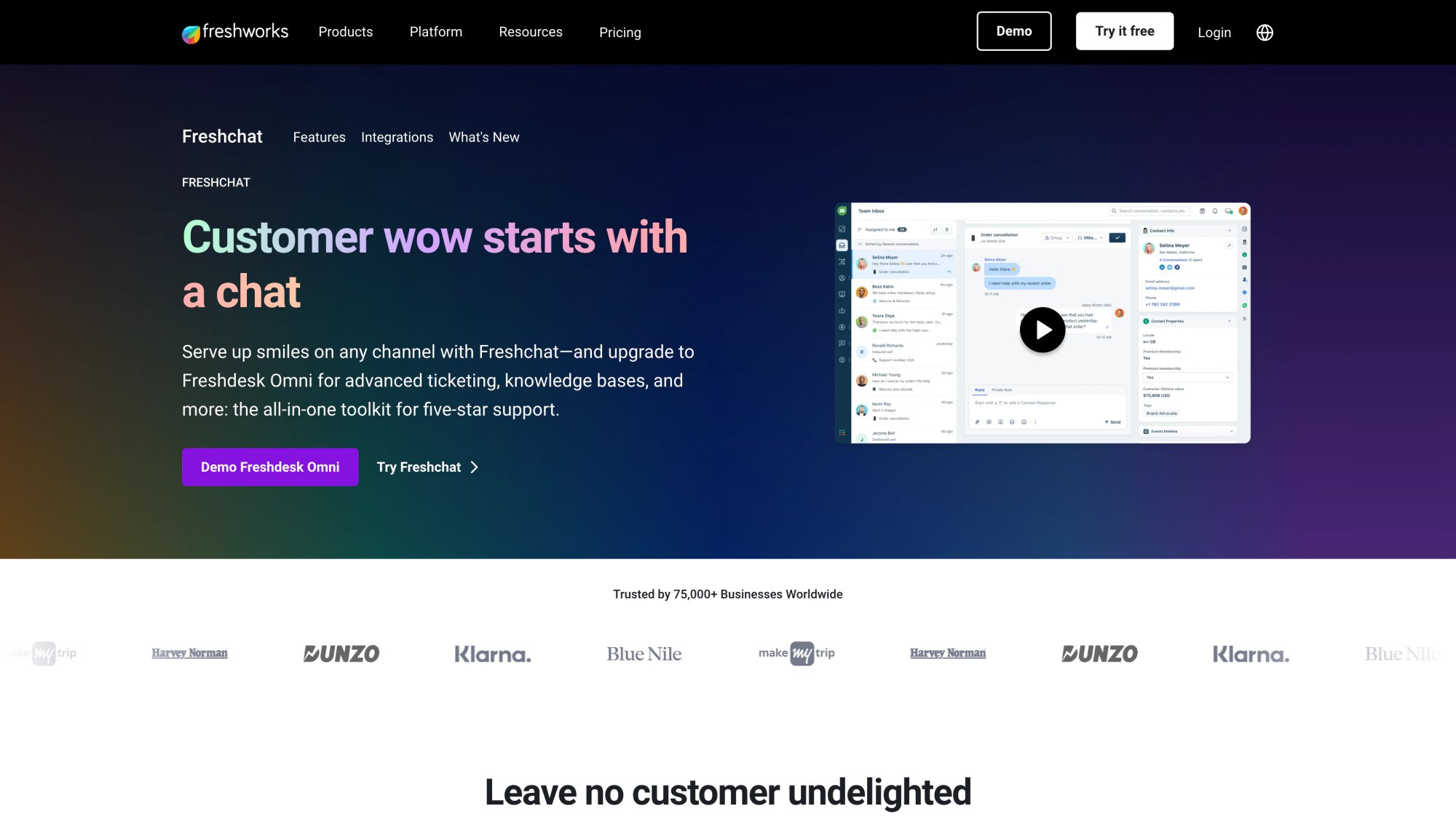 Freshchat homepage showing unified omnichannel messaging platform with AI-powered routing and live chat software features