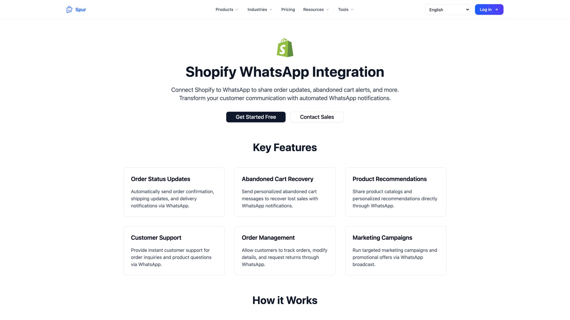 Spur Shopify WhatsApp Integration page showing six key features: Order Status Updates, Abandoned Cart Recovery, Product Recommendations, Customer Support, Order Management, and Marketing Campaigns