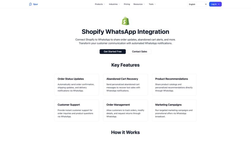 Spur Shopify WhatsApp Integration page showing six key features: Order Status Updates, Abandoned Cart Recovery, Product Recommendations, Customer Support, Order Management, and Marketing Campaigns