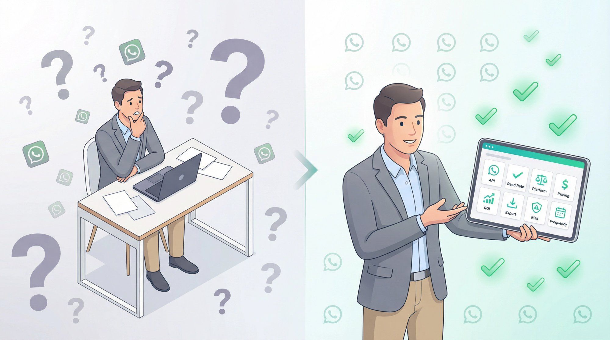Before and after illustration showing transformation from confusion to clarity through FAQs