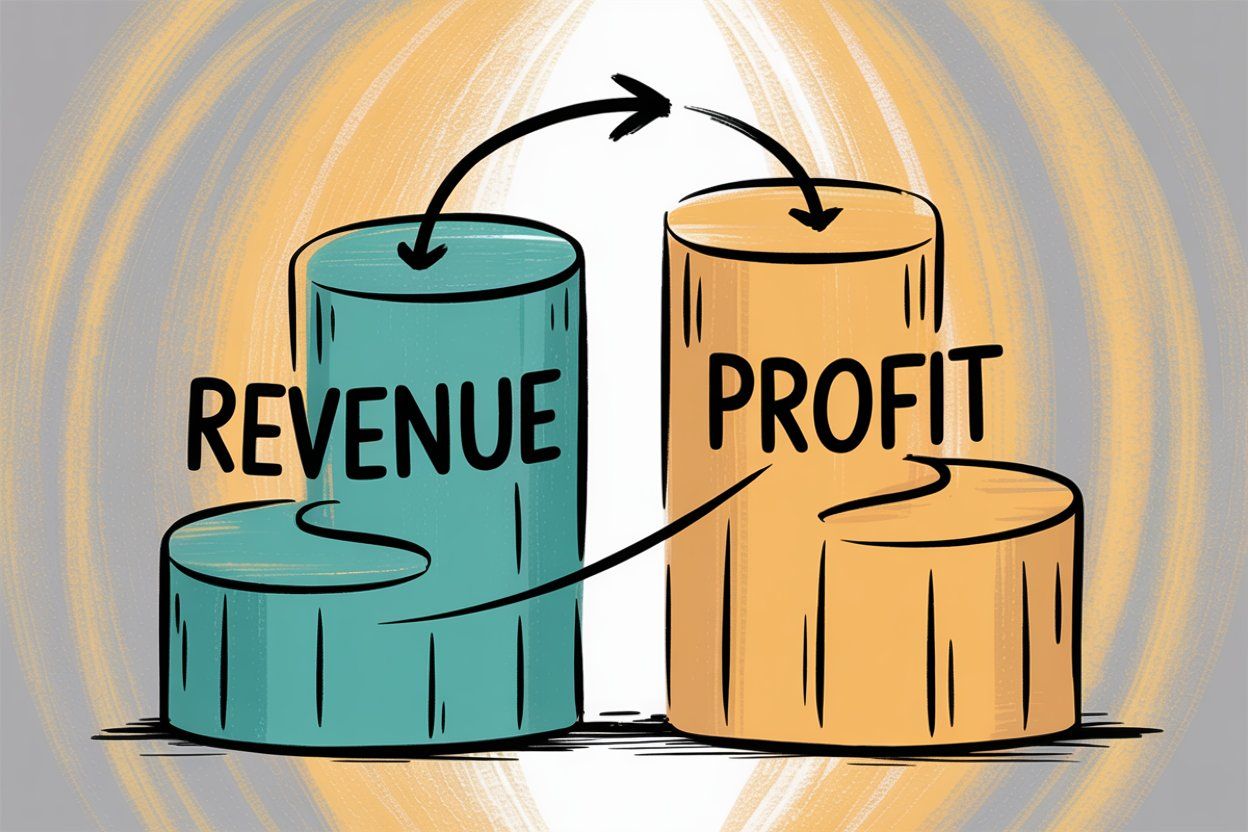 Hand-drawn illustration comparing revenue versus profit with visual distinction between income and earnings after expenses