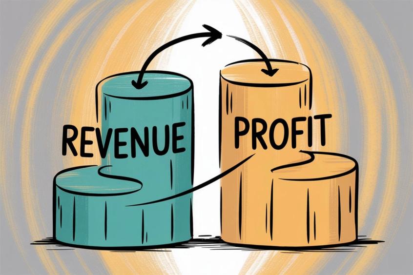 Hand-drawn illustration comparing revenue versus profit with visual distinction between income and earnings after expenses