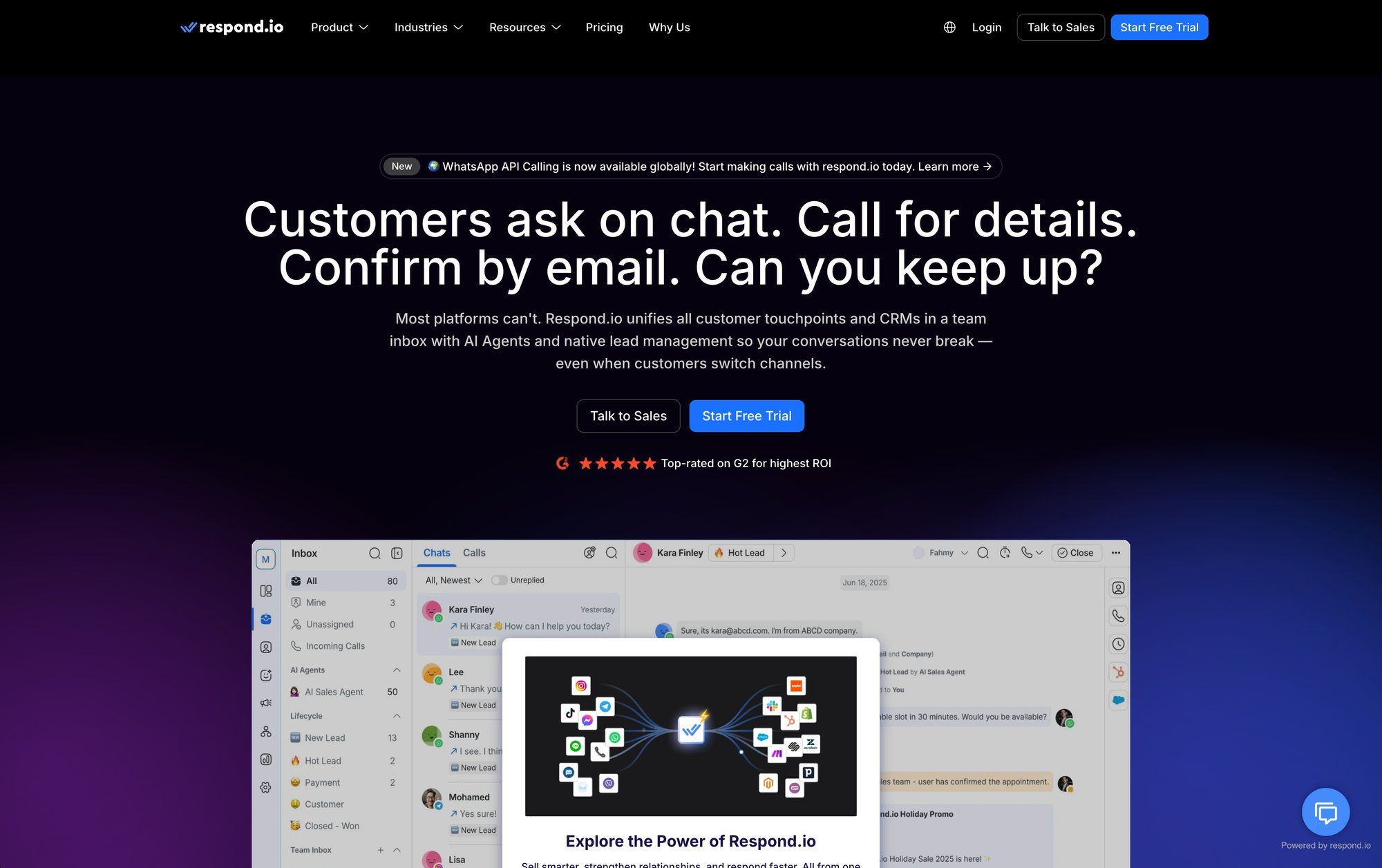 Respond.io website demonstrating a customer service platform with omnichannel communication and AI agents.