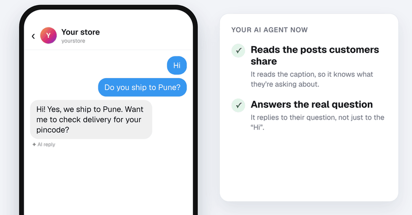 A customer shares a post about 2 sunglasses for ₹999 and asks the price for 2, and the AI agent answers using the caption; then a customer sends Hi and a question, and the AI answers the question