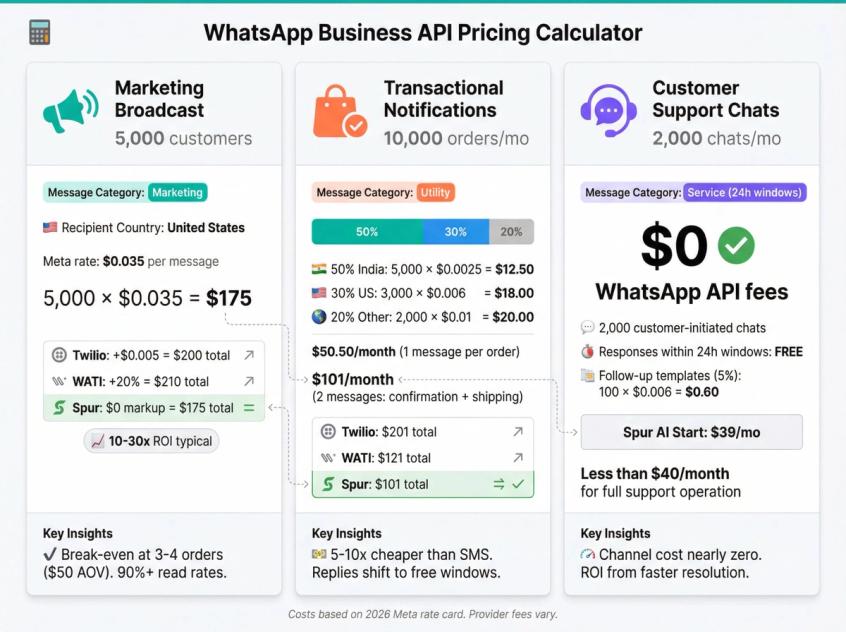 Visual cost calculator showing three WhatsApp API scenarios with detailed breakdowns and provider comparisons