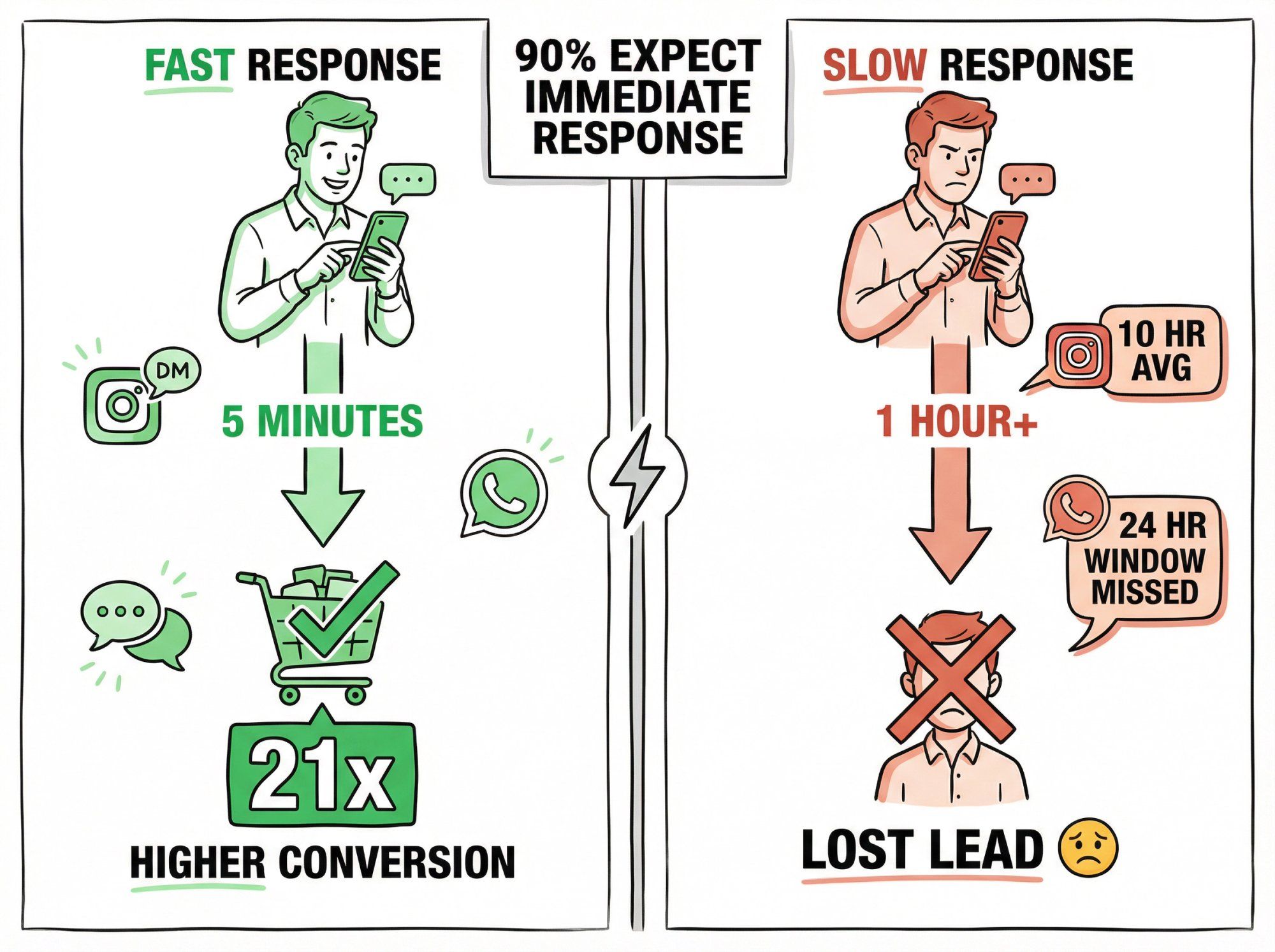 Visual comparison showing dramatic conversion impact of fast vs slow response times across messaging channels