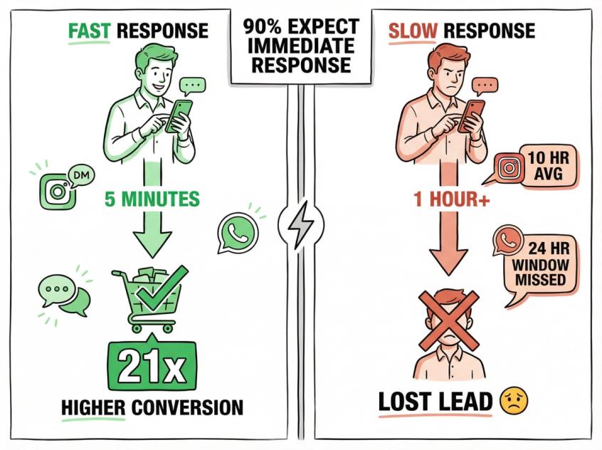 Visual comparison showing dramatic conversion impact of fast vs slow response times across messaging channels