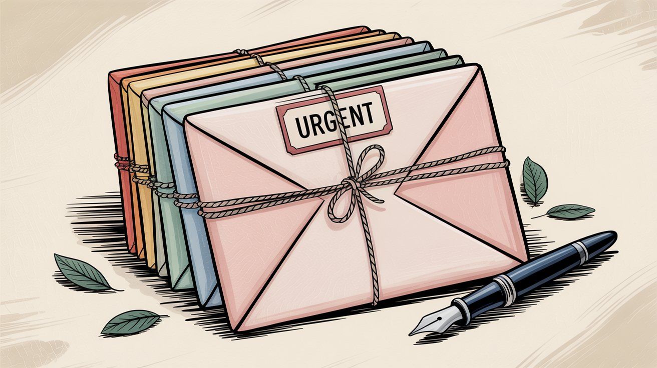 Organized email envelopes with label tags showing the concept of grouping contacts together for mailing lists